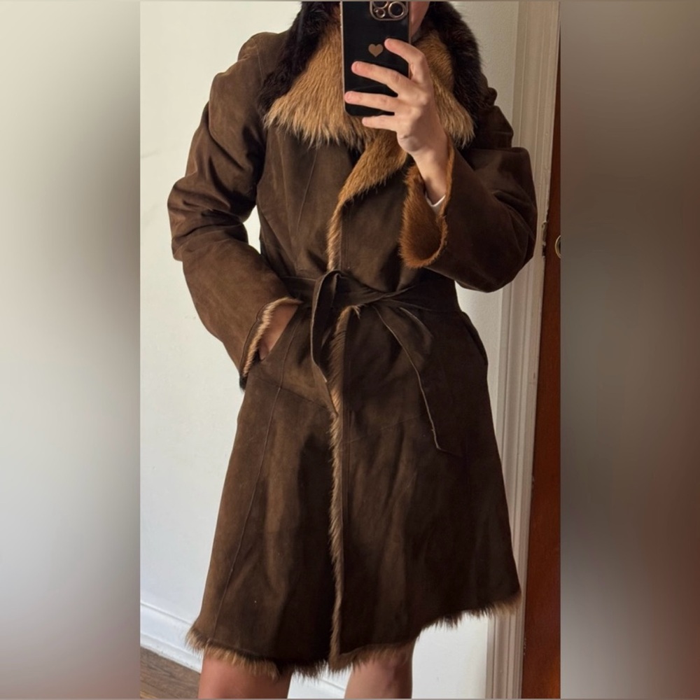 Gerard Darel Brown Suede Goat Skin Shearling Toscana Coat - Picture 2 of 16